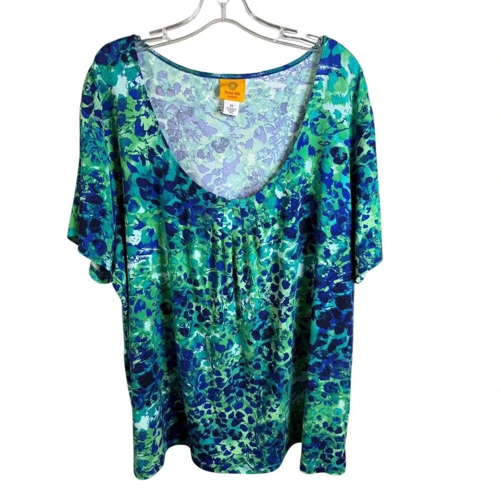 Ruby Rd. Shirt Womens 3X Green Blue Scoop Neck Pleated Short Sleeve Plus Size - Picture 3 of 6